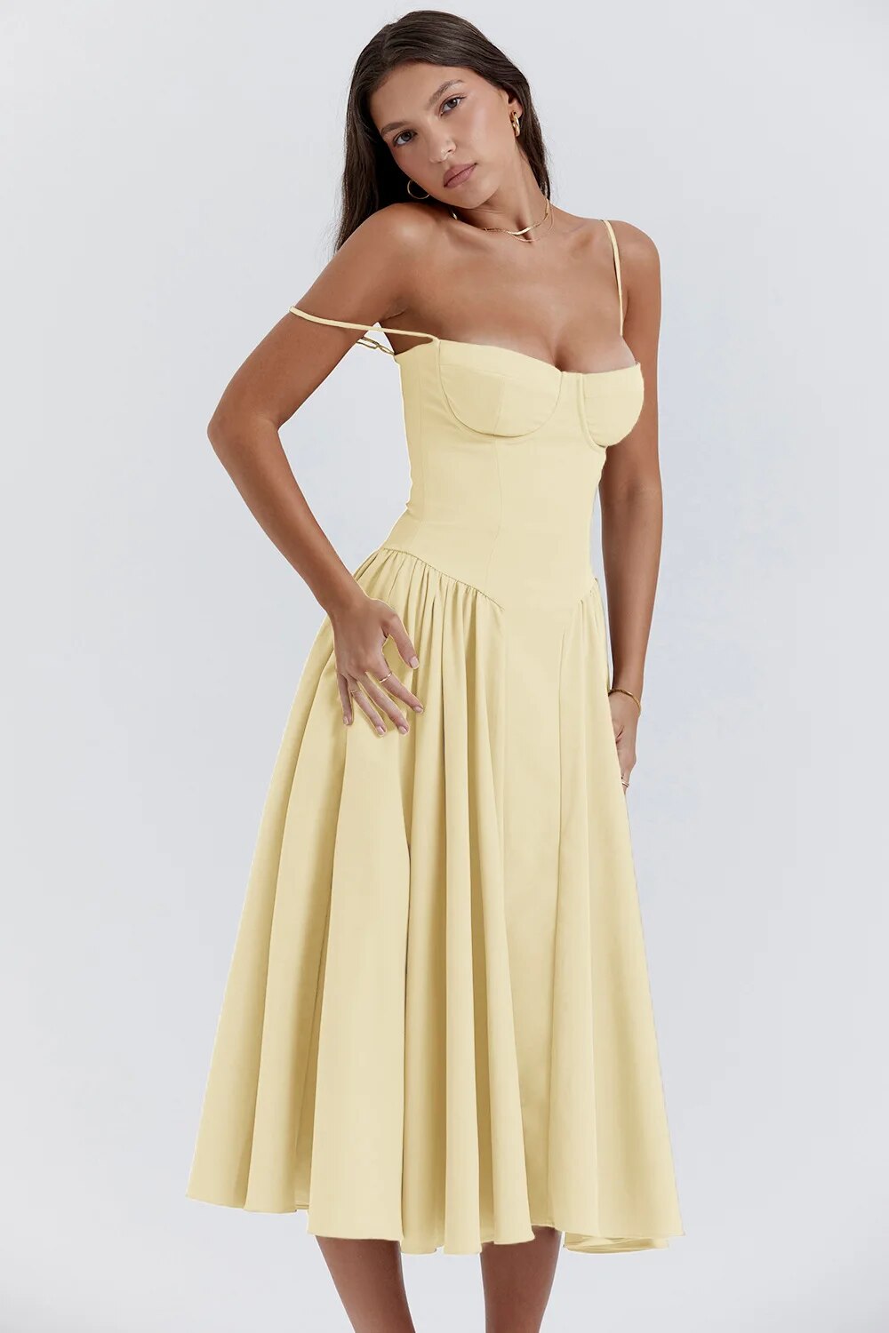 Milagros Premium Open-Shoulder Midi Dress with a Corset Fit Elevated Occasion Wear