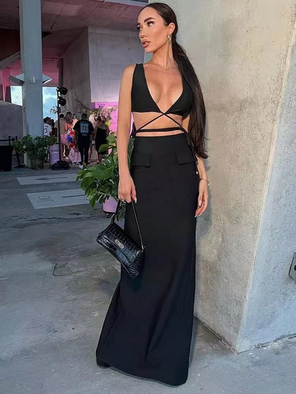 Deep V-Neck Wrap Tie Crop Top and Maxi Skirt Two Piece Set 3