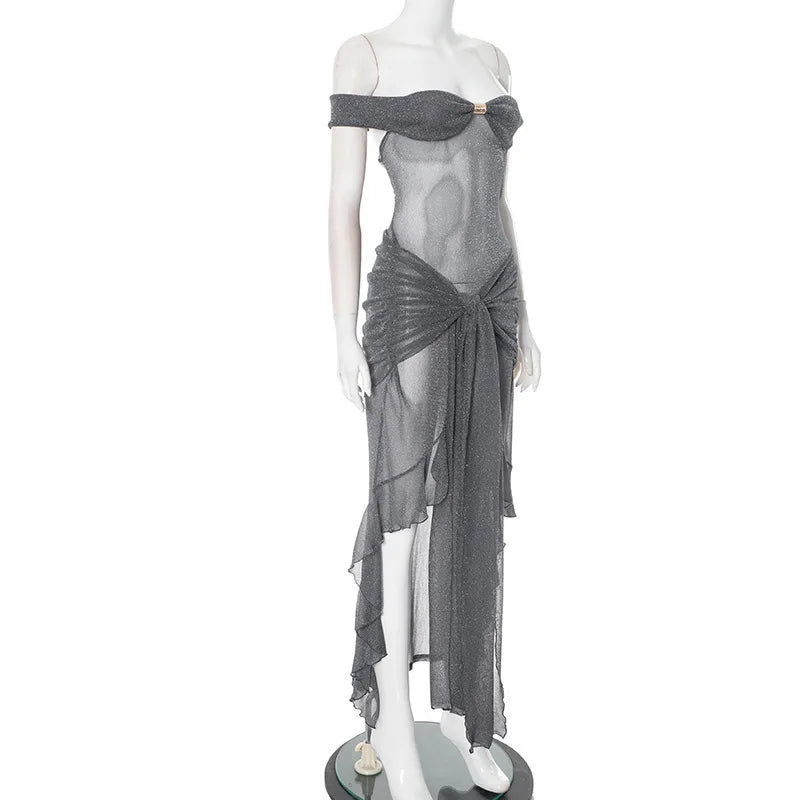 Mesh Ruffled Gray Off - shoulder Long Dress - View 10