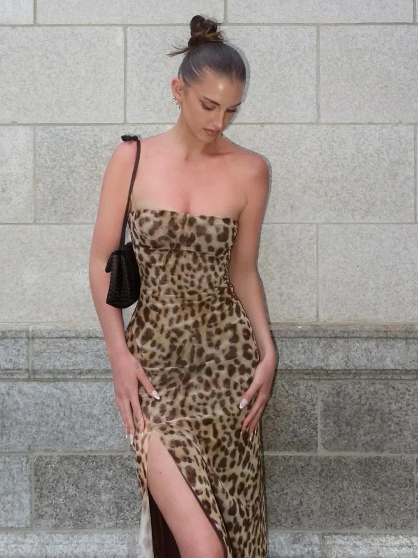 Leopard Edition Strapless Slit Maxi Dress