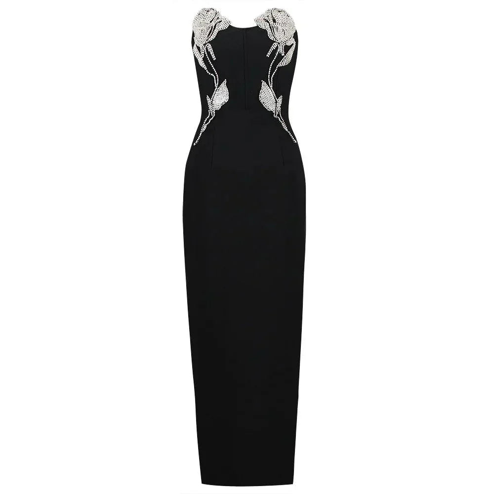 Strapless Rhinestone Rose Corset Bodice High Split Maxi Gown