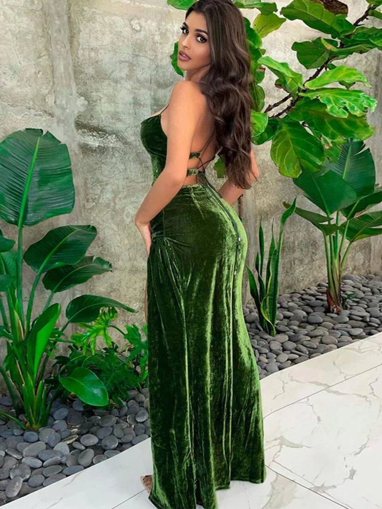 Green Velvet Strap Side Slit Backless Slip Dress - View 2