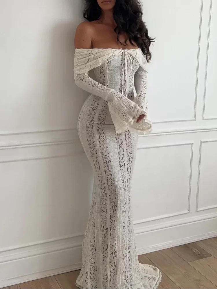 White Sheer Lace Backless Lace-Up Bandeau Maxi Dress - View 5