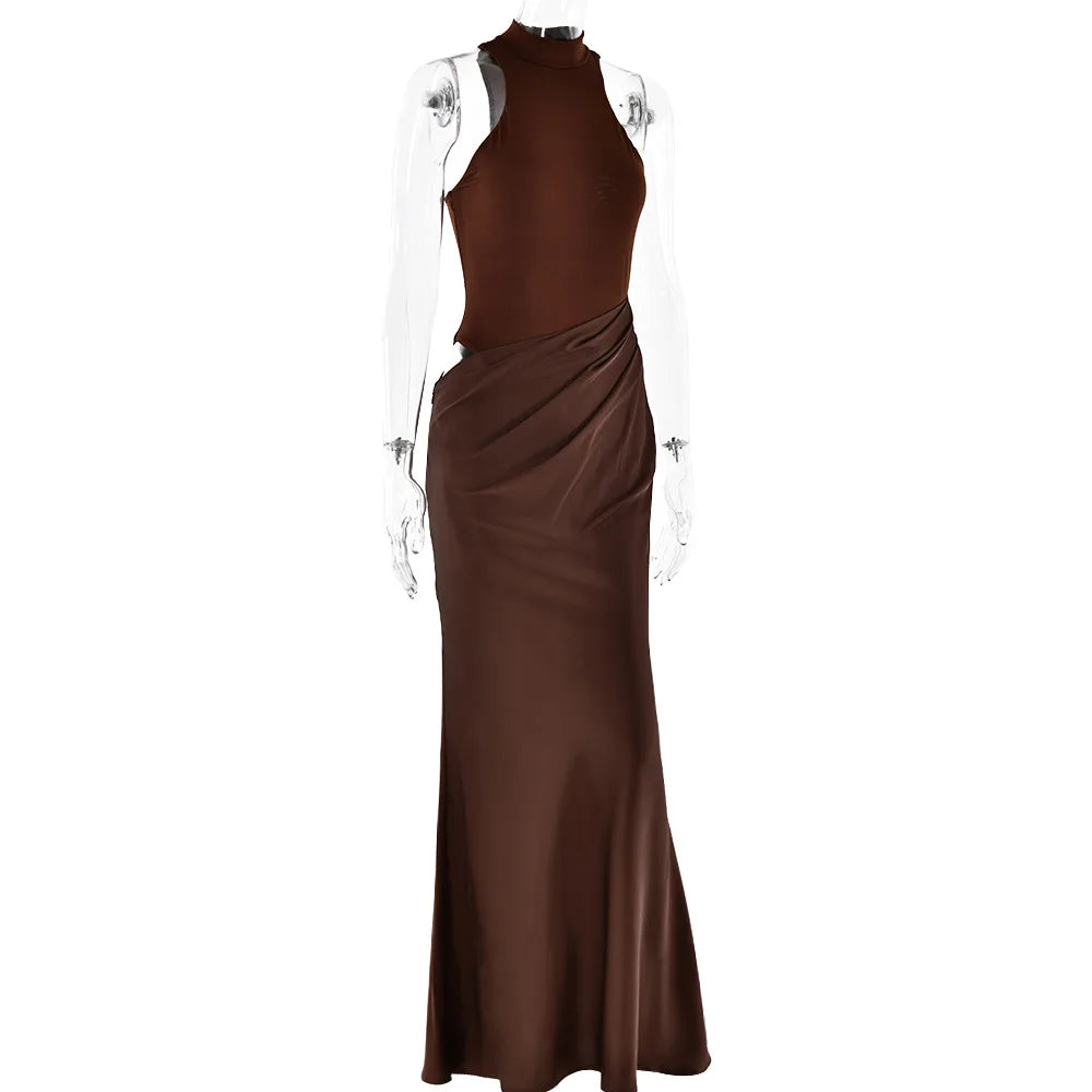 Halter Neck Sleeveless Ribbed Bodice Draped Waist Satin Maxi Gown