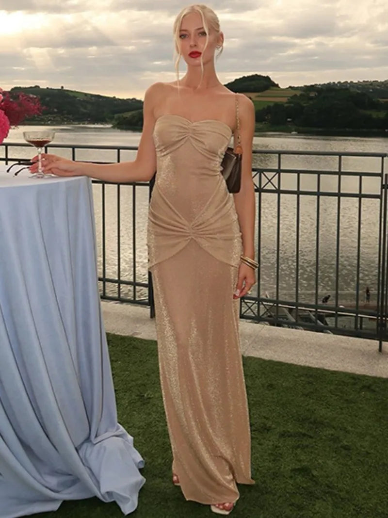 Metallic Strapless Ruched Twist Front Column Maxi Dress