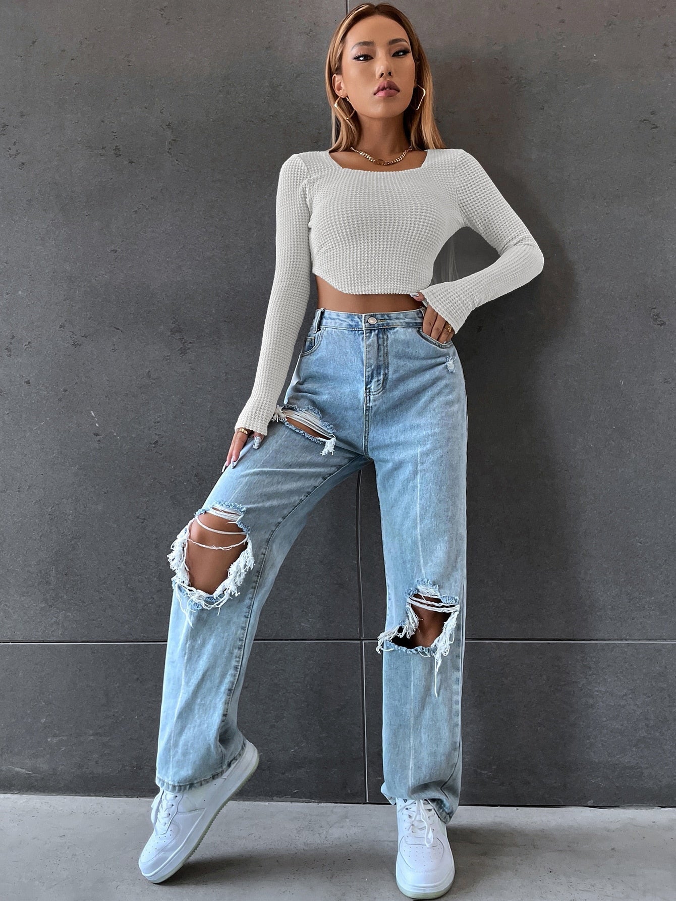 Long Sleeve Square Neck Knitted Crop Top Women Y2k T Shirts