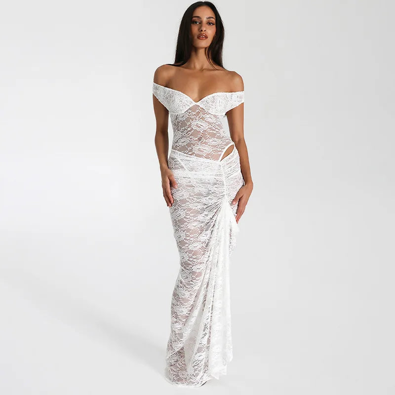 Lace Off Shoulder Sweetheart Corset Hip Cut Out Ruched Maxi Gown