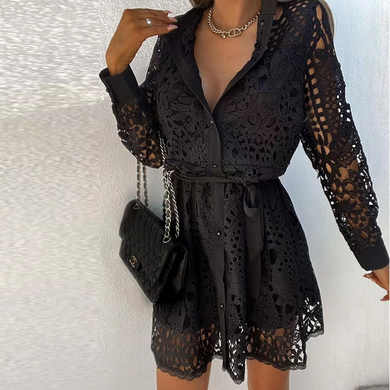 Eyelet Lace Long Sleeve Collar Button Up Tie Waist Belted Mini Shirt Dress