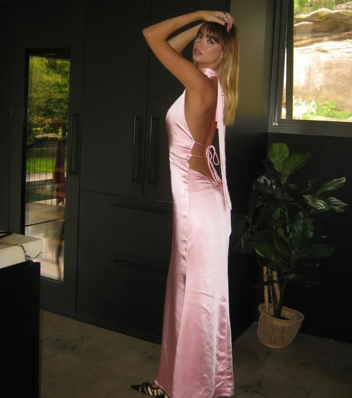Satin Halter Neck Choker Deep V-Neck Bodycon Maxi Gown
