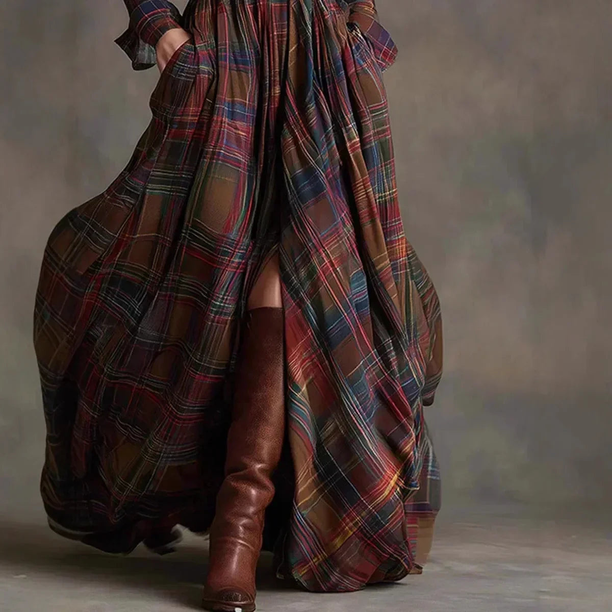 Plaid Collared Long Sleeve Belted High Split Maxi Dress