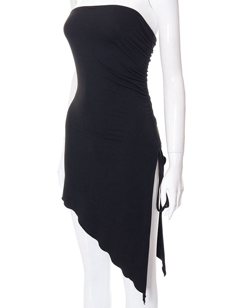 Strapless Ruched Drawstring Side Split Asymmetric Hem Tube Mini Dress 8