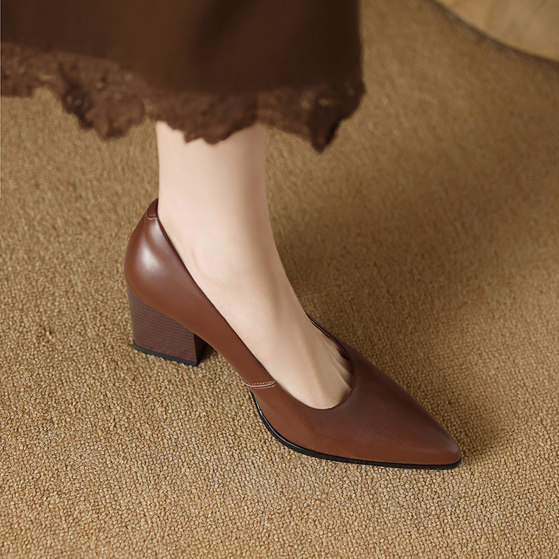 Pointed Toe Block Heel Slip On Leather Look Pumps