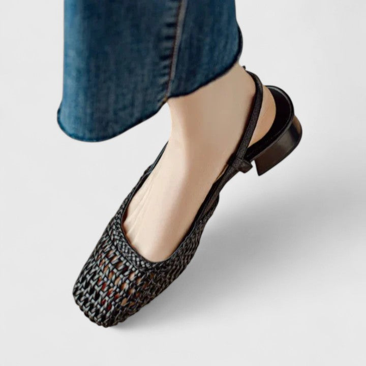 Woven Square Toe Slingback Block Heel Pumps