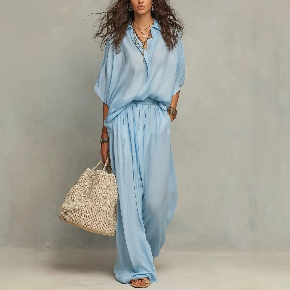 Collared Button Front Shirt and Wide Leg Pants Two Piece Set