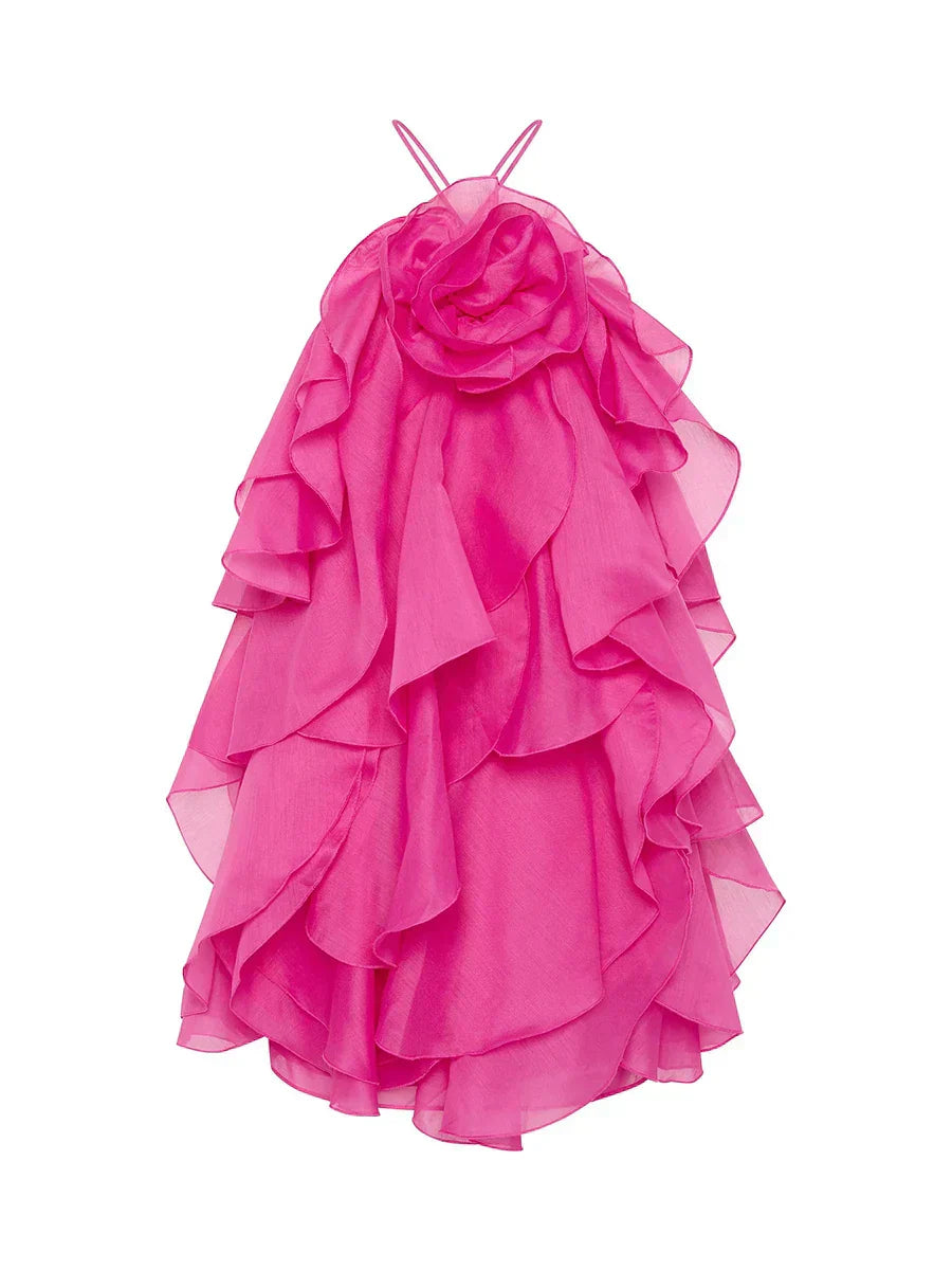Halter Neck 3D Rosette Tiered Ruffle Organza Mini Dress