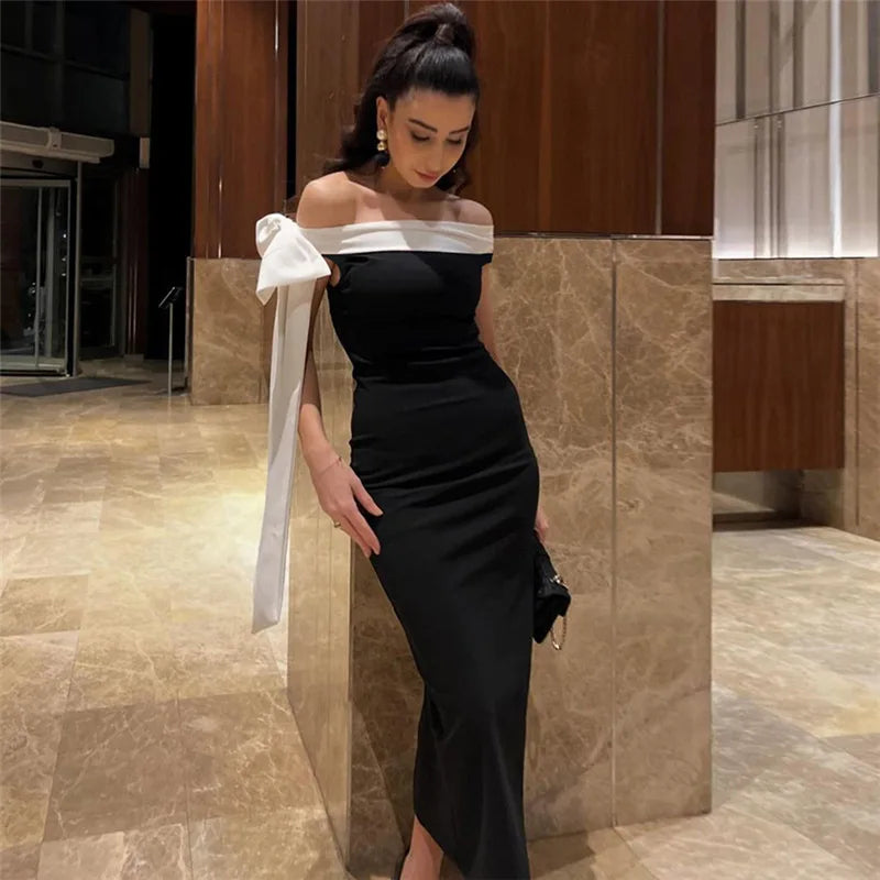 Contrast Trim Off Shoulder Bow Sash Bodycon Midi Dress 15