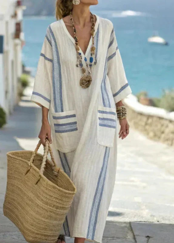 V-Neck Striped Trim Three Quarter Sleeve Beach Cover Up Kaftan