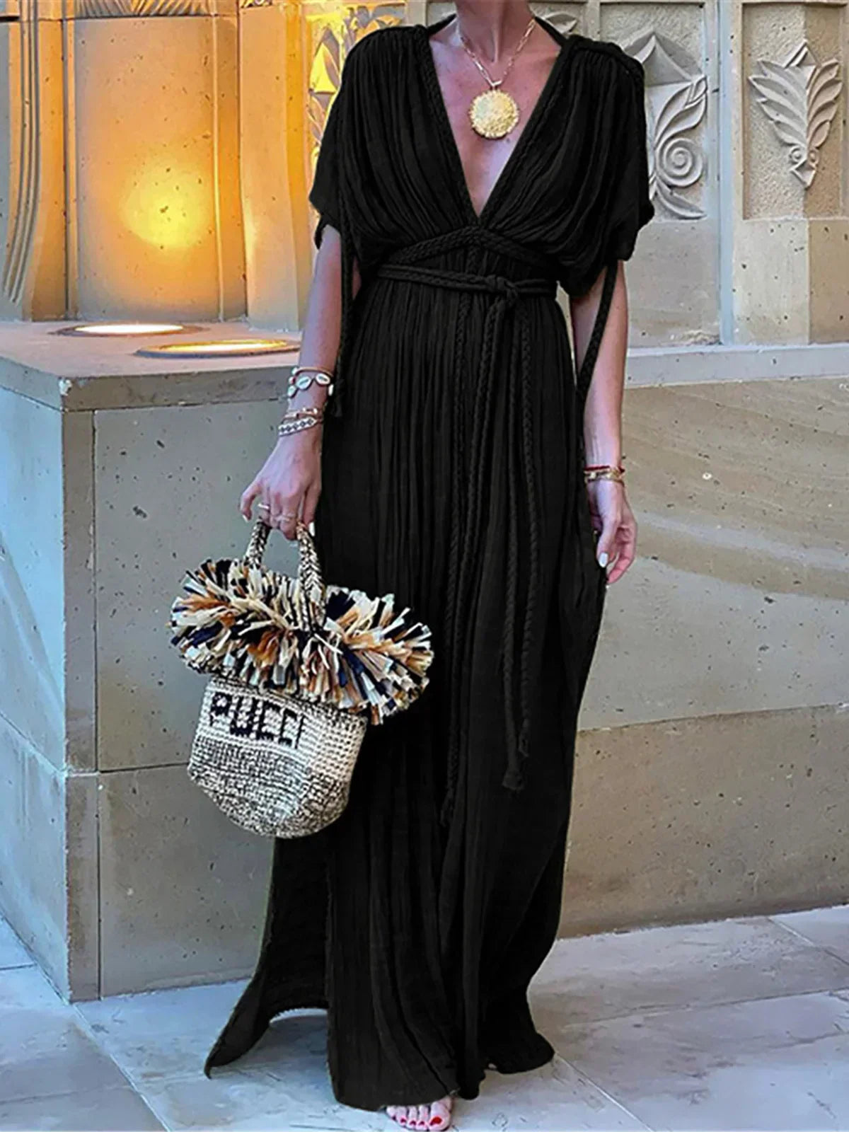 Braided Rope Trim One Shoulder Belted High Split Maxi Dress