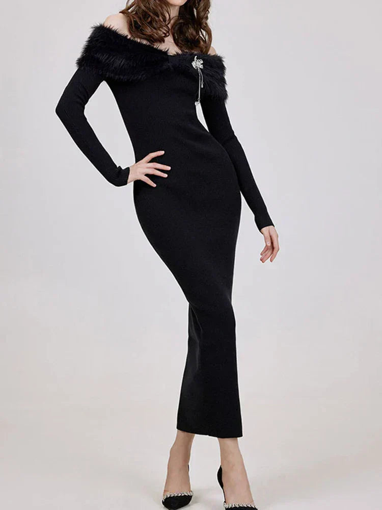Off Shoulder Faux Fur Collar Ribbed Knit Long Sleeve Bodycon Midi Dress