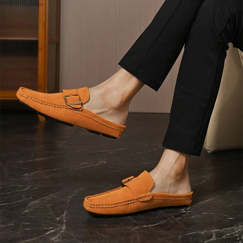 Suede-Look Buckle Backless Loafer Mules