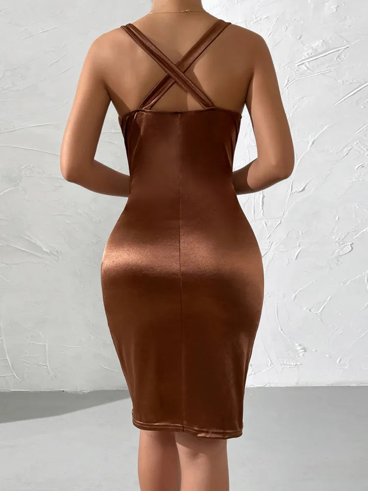 Satin Deep V Neck Ruched Midi Dress - View 5