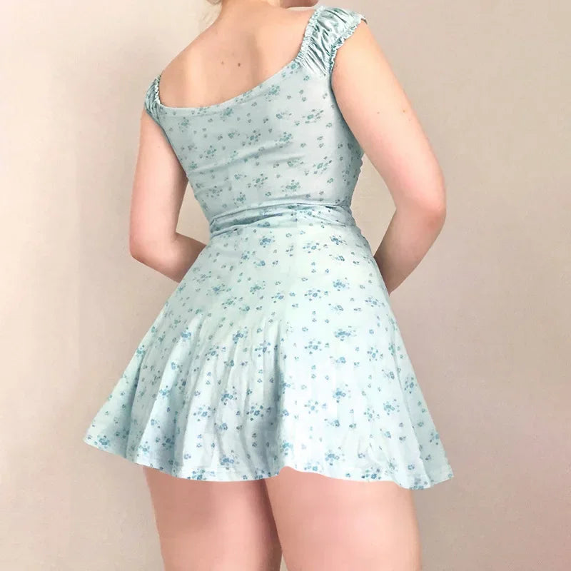 Floral Off Shoulder Puff Sleeve Lace Trim Ruffle Hem Mini Dress