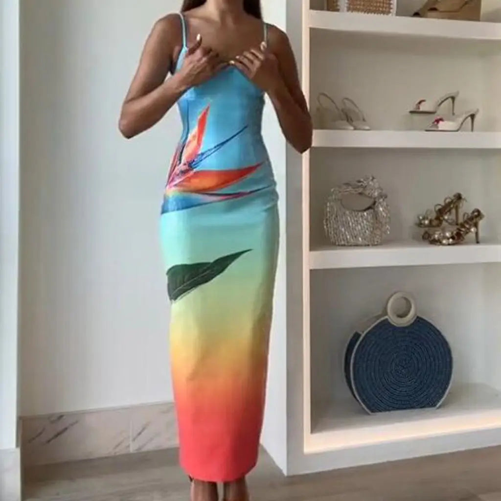 Tropical Floral Print Spaghetti Strap Bodycon Maxi Dress