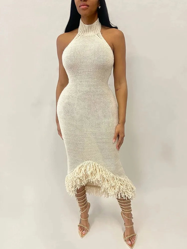 Knit Halter Neck Backless Tassel Fringe Hem Midi Dress