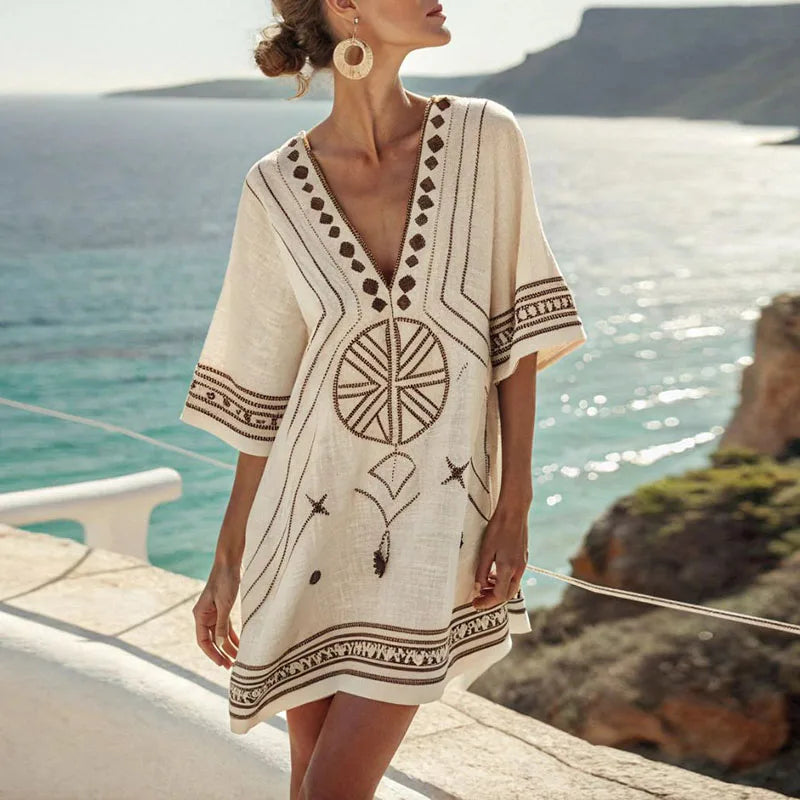 Embroidered V-Neck Kaftan Beach Cover Up