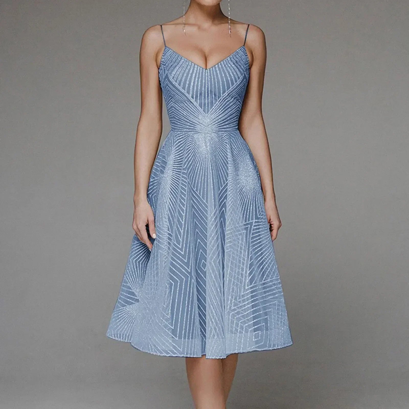 Sequin Geometric Spaghetti Strap Deep V-Neck A-Line Cocktail Midi Dress