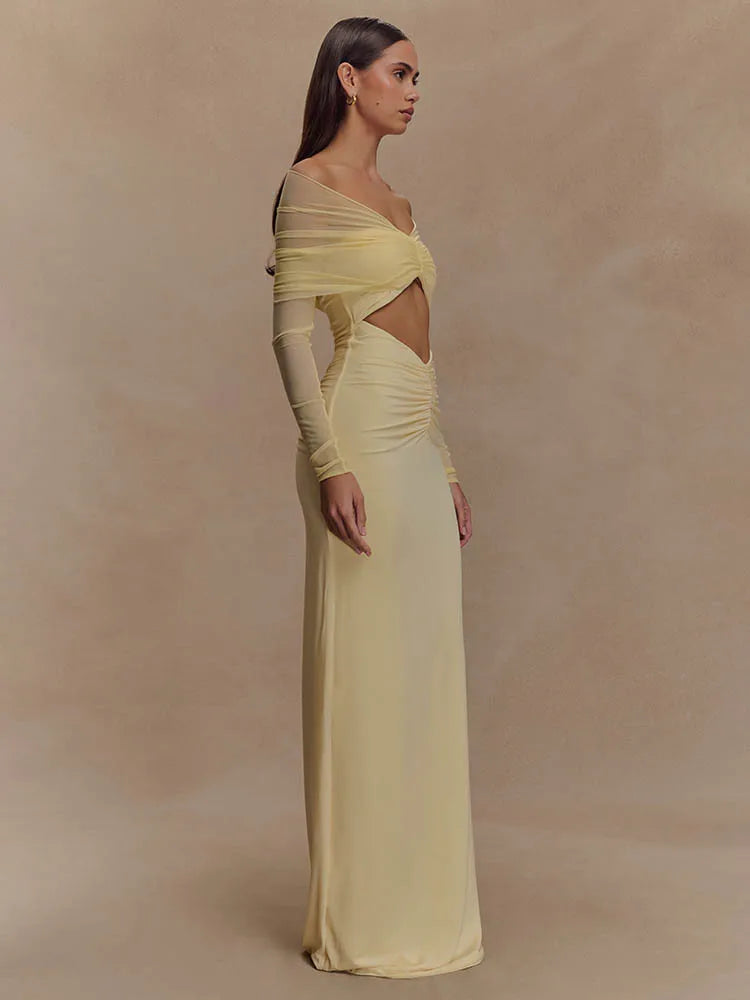 Off Shoulder Long Sleeve Cut Out Ruched Maxi Dress