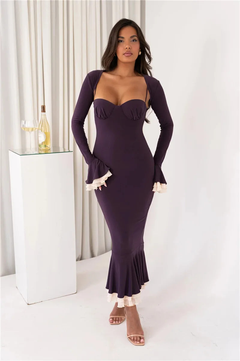 Sweetheart Spaghetti Strap Ruffle Trim Mermaid Midi Dress Two-Piece Set