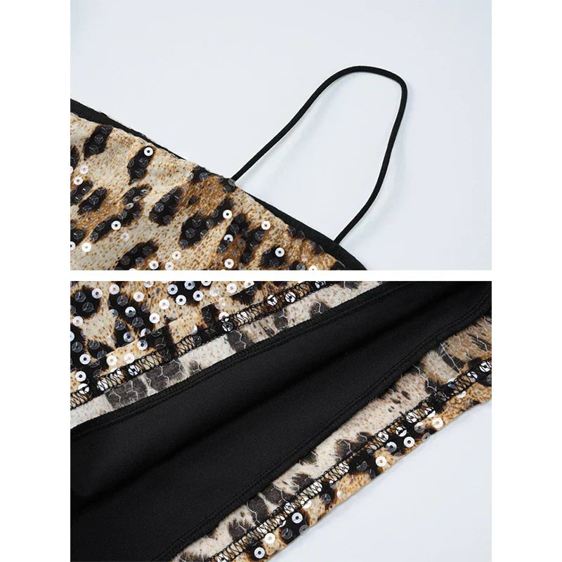 Leopard Print Sequin Square Neck Spaghetti Strap Bodycon Mini Dress