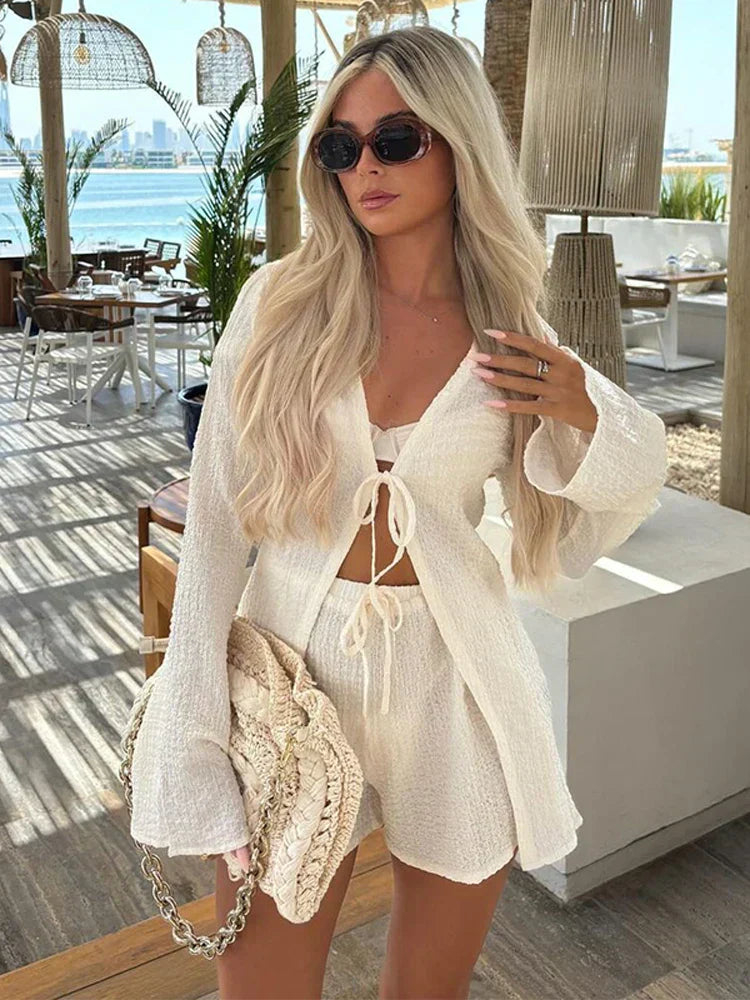 Deep V-Neck Ruffle Long Sleeve Smocked Cuff Blouse Drawstring Shorts Two Piece Set