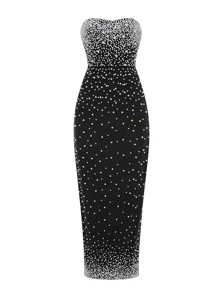 Strapless Faux Pearl Beaded Embellished Column Maxi Gown 15