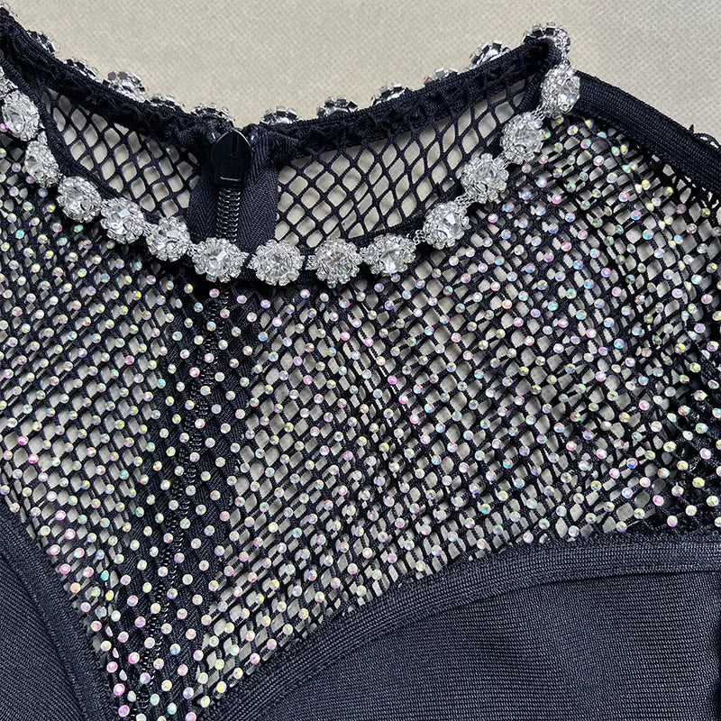 Rhinestone Mesh Crew Neck Short Sleeve Cut Out Bodycon Midi Dress
