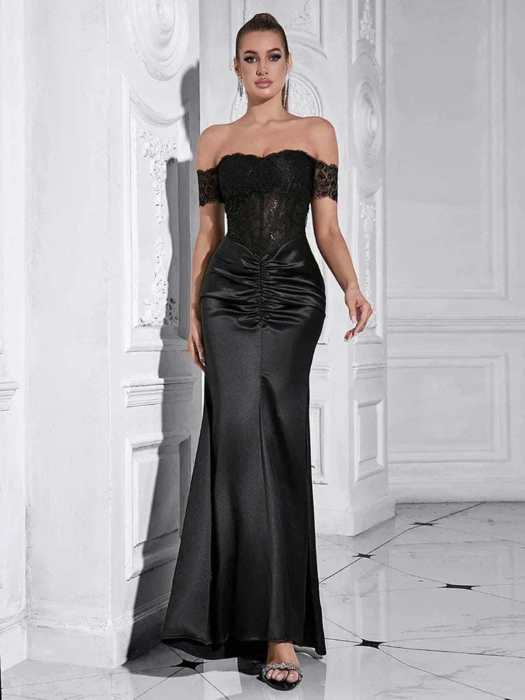 Lace Corset Off Shoulder Sweetheart Ruched Front Maxi Gown