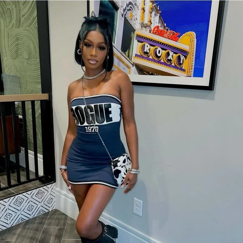 Letter Print Strapless Bodycon Mini Tube Dress