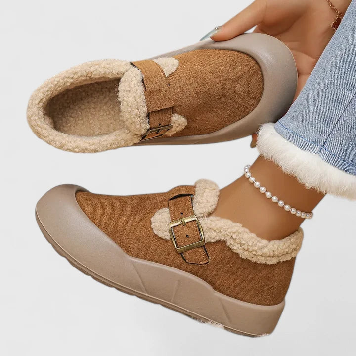 Faux Shearling Trim Buckle Strap Slip On Platform Clogs