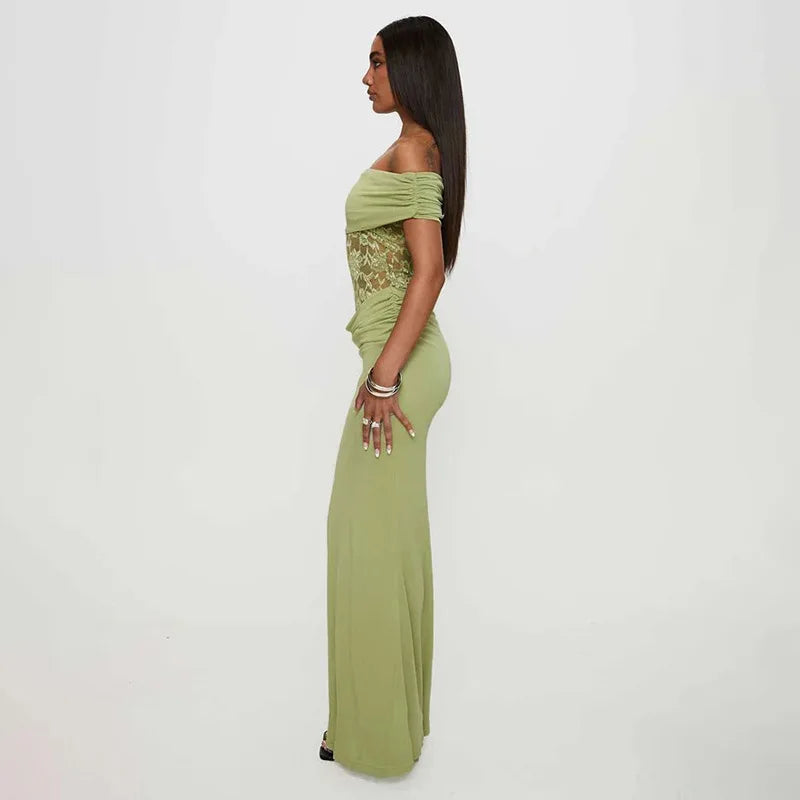 Off - shoulder Strapless Green Lace Sheer Long Dress - View 6
