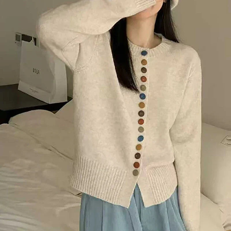 Crew Neck Button Front Ribbed Knit Cardigan