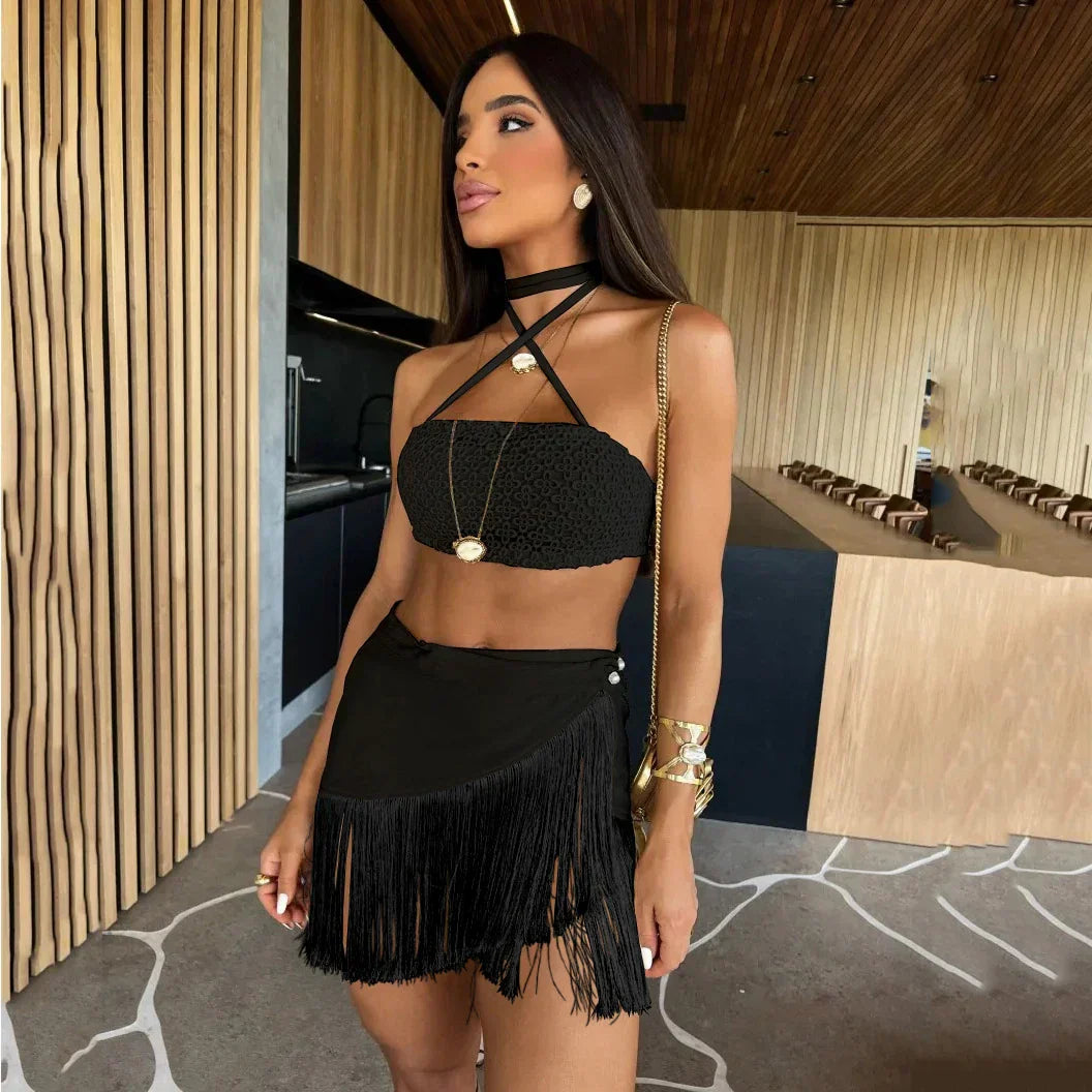 Leopard Print Halter Crop Top Fringe Mini Skirt Two Piece Set