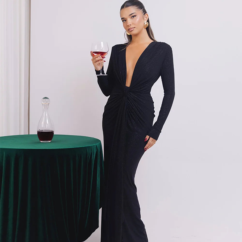 Elastic Deep V - Fold Lace Maxi Dress - View 11