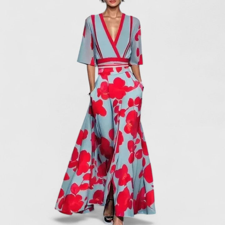 Floral Flutter Sleeve Wrap Top and Maxi Skirt Two Piece Set