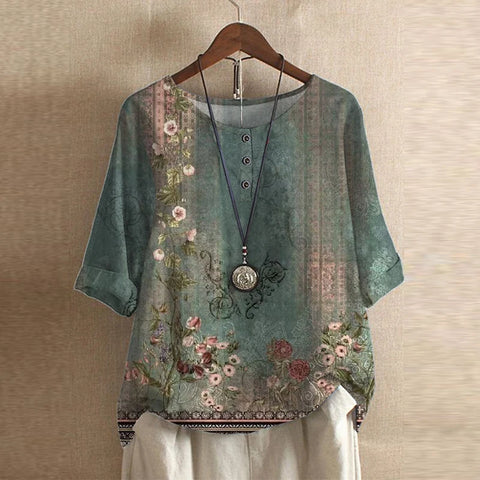 Round Neck Half Sleeve Floral Button Blouse