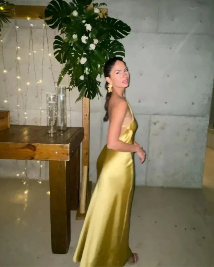 Backless Satin Slant Shoulder Solid Slit Long Dress - View 3