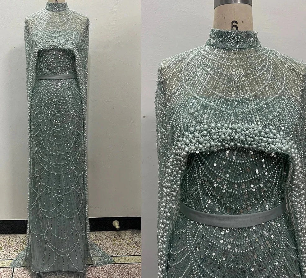 Beaded High Neck Cape Sleeve Sheer Mermaid Gown