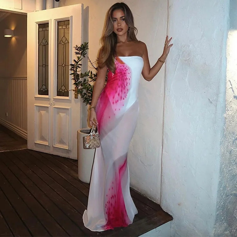 Strapless Ruffle Cutout Bodycon High Split Midi Dress