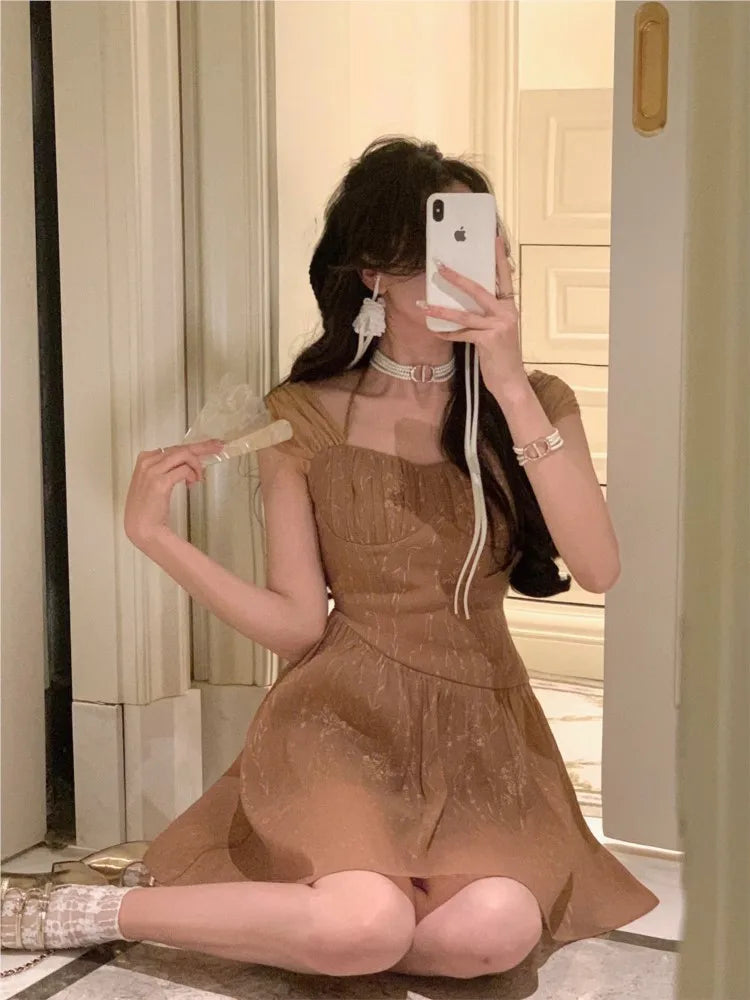Square Neck Cap Sleeve Ruched Fit and Flare Midi Dress