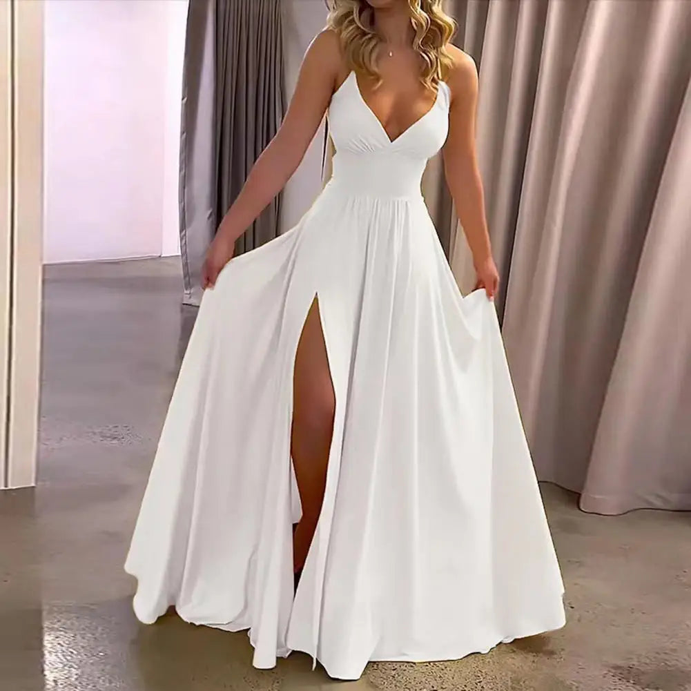 Spaghetti Strap Deep V-Neck High Split A-Line Maxi Dress